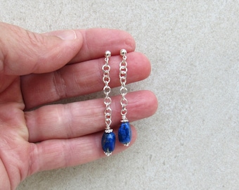Blue Lapis Dangle Earrings - Silver Chain
