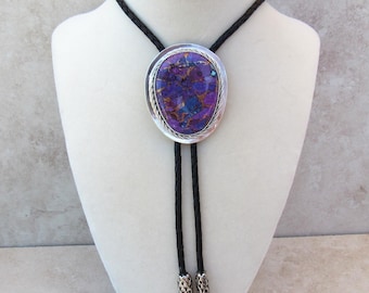Kingman Turquoise Bolo Tie: Sterling Silver Purple Bronze, Braided Leather