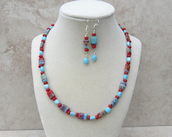 Colorful Beaded Necklace and Earring Set - Blue and Red Beads