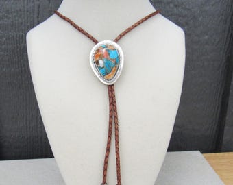 Sterling Silver Turquoise Spiny Oyster Bolo Tie, Brown Leather Cord