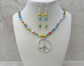 Colorful Beaded Peace Sign Necklace and Earring Set - African Trade Bead Necklace