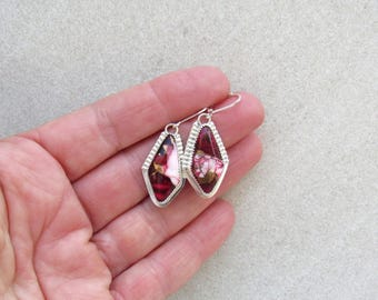 Red Dahlia Earrings, Sterling Silver Artisan Jewelry