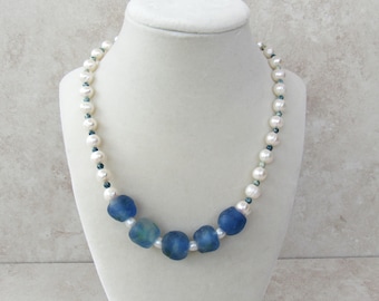 Sea Glass & Freshwater Pearl Necklace: Recycled African Glass Beads