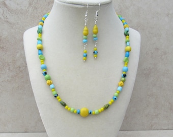 Spring Green Yellow Blue Glass Bead Necklace Earrings Set • Sterling Silver • Bright Jewelry