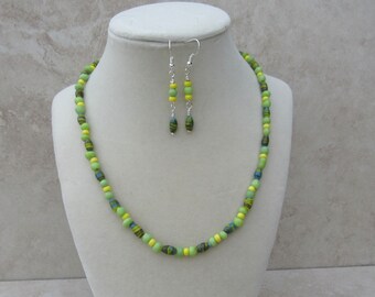 Spring Green Yellow Glass Bead Necklace Earrings Set • Sterling Silver • Bright Jewelry