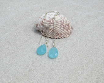 Faceted Aqua Quartz Chalcedony Earrings - Sterling Silver 925 Threaders