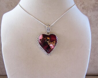 Sterling Silver Red Rose Dahlia Heart Shaped Pendant