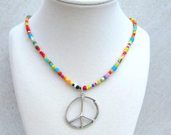Colorful Beaded Peace Sign Necklace - African Trade Bead Necklace