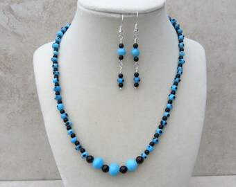 Colorful Beaded Necklace and Earring Set - Black and Blue Beads
