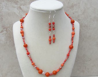 Colorful Beaded Necklace and Earring Set - Orange Beads