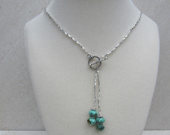 Silver Turquoise Lariat Necklace, Toggle Clasp, Southwestern Style