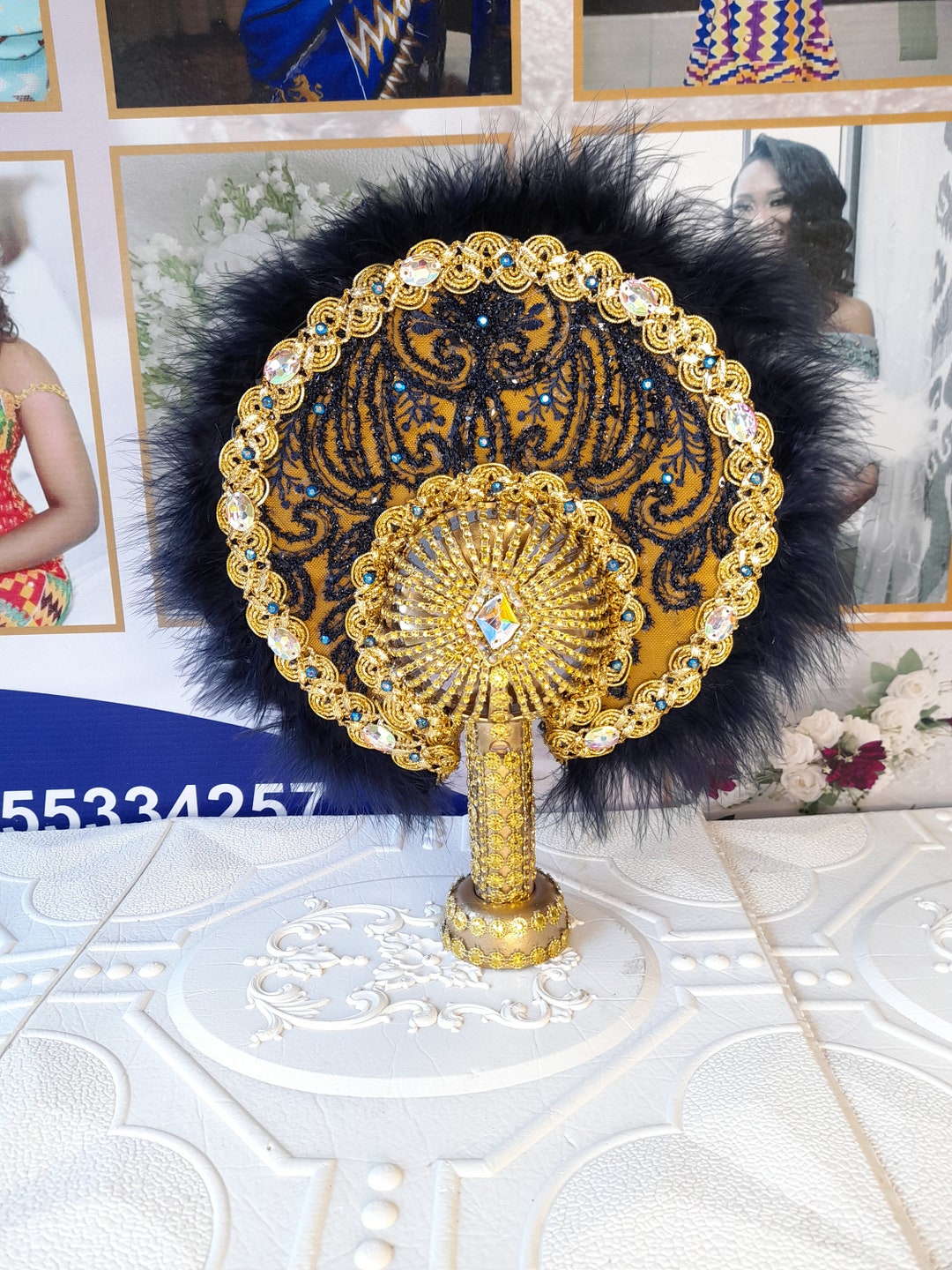 Mini Detachable 2 in 1 Bridal Fan Electrofur Bridal Hand Fan Asoebi Fan