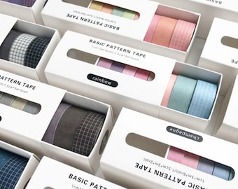 Washi Tape Set, 8 Plain & Grid Gradient Colourful Pattern Japanese Masking Roll, Great Stationery for Bullet Journalling/Decorating Artwork