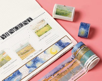 Landscape Washi Tape, 7 Vincent Van Gogh Starry Night Artistic Masking Roll Set, Great Stationery for Bullet Journalling/Decorating Artwork