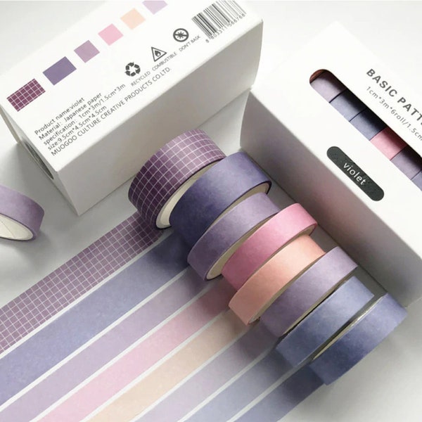 Purple Washi Tape, 8 Plain & Grid Patterned Japanese Designs Masking Roll Set, Great Stationery for Bullet Journalling/Decorating Artwork