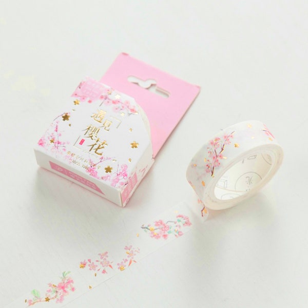 Sakura Washi Tape / 5m Gold Cherry Blossom Pink Flowers Pattern Masking Tape / Great Stationery for Bullet Journalling, Decor and Artwork