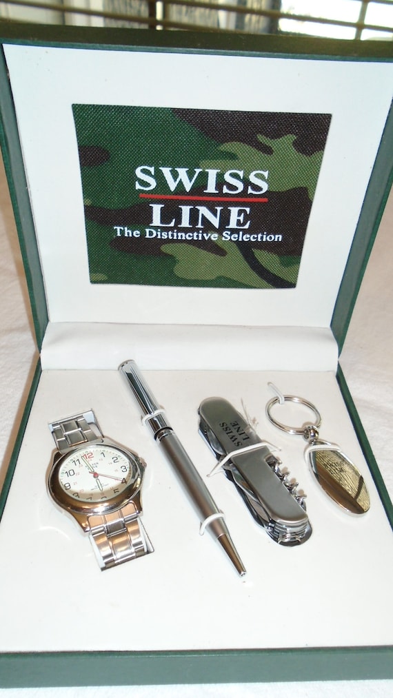 Vtg Swiss Line Gift Set Watch Knife Pen Key Chain,