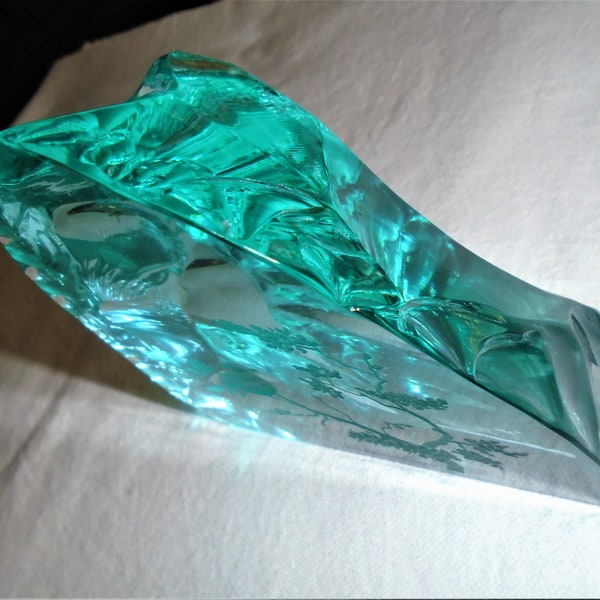 Hovmantorp Swedish Glass signed Kronoberg Green Ice Sculpture Etching Art #32287