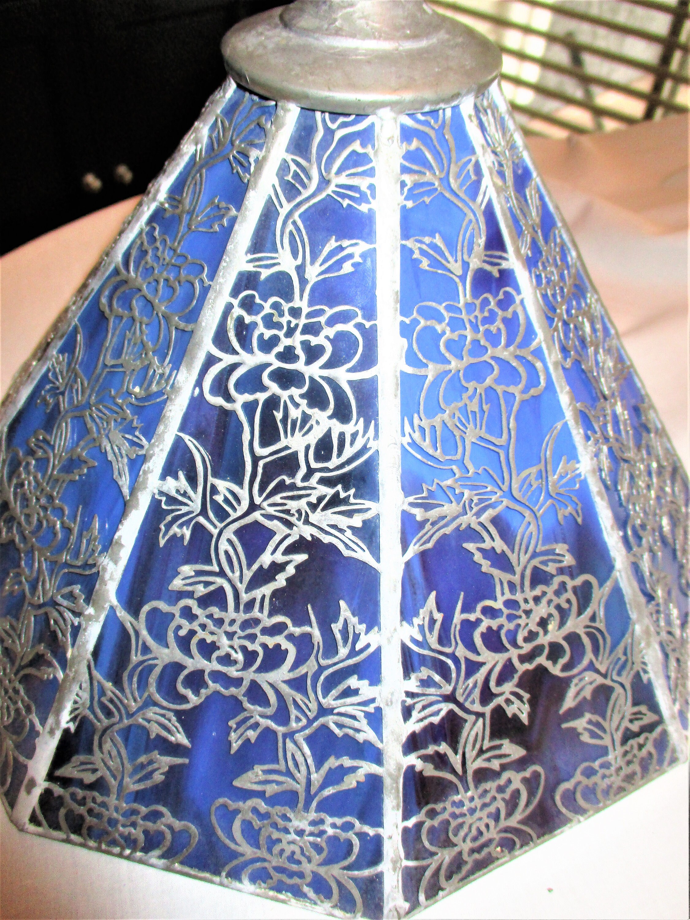 Antique Leaded Lamp Shade Slag Glass 9 Panels Vines Blue Etsy
