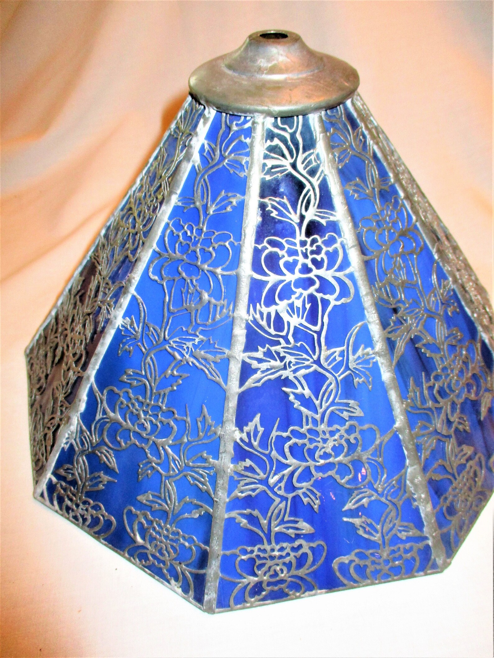 Antique Leaded Lamp Shade Slag Glass 9 Panels Vines Blue Etsy