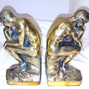 Vintage Pair 7&quot; Brass Finish Metal THE THINKER Statue Bookends Based On Rodin