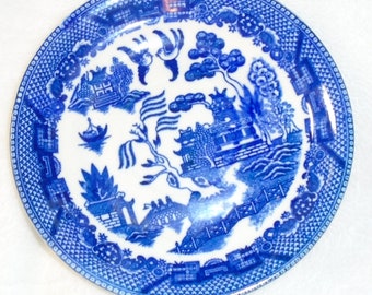 Vintage Blue Willow Chinoiserie Plate Japan Birds Tree House Karahafu Saucer