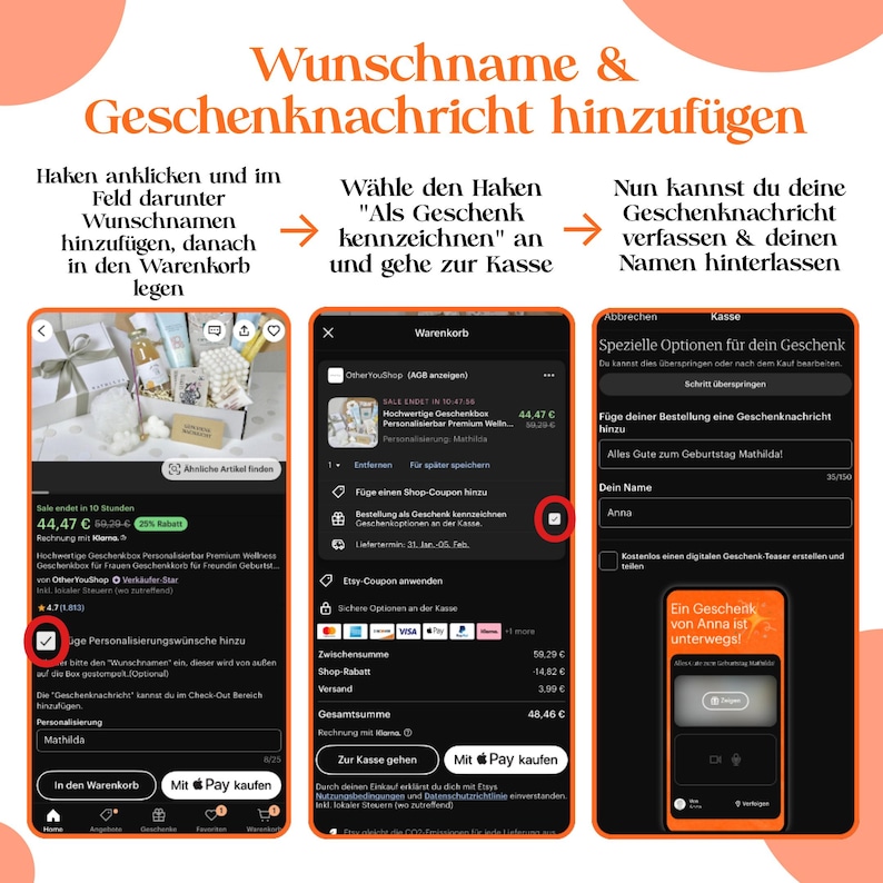 May include: A mobile phone screen showing a shopping cart with a gift box and a personalized message. The screen shows a checkout button with the option to pay with Apple Pay. The text on the screen reads "Sale ends in 10 hours" and "Hochwertige Geschenkbox Personalisierbar Premium Wellness Geschenkbox f&uuml;r Frauen Geschenkkor f&uuml;r Freundin Geburtstag".
