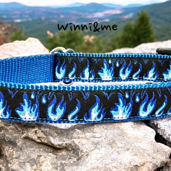 Blue Flames on Black Dog Collar