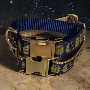 Celestial Moon and Sun Dog Collar, artisan nylon dog wear with optional Custom Engraved Buckle
