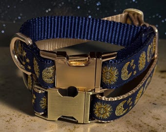 Celestial Moon and Sun Dog Collar, artisan nylon dog wear with optional Custom Engraved Buckle