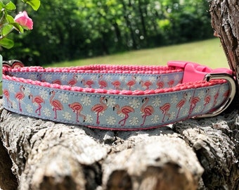 May include: A light blue dog collar with a pink flamingo print and a pink trim. The collar has a silver buckle and a pink plastic slider.
