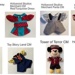 May include: A collection of miniature doll outfits and plush toys. The outfits include a green vest with black shorts, a red and turquoise dress, gray pants with suspenders, and a red and white plaid top with navy shorts. Also shown are Mickey Mouse plush toys.