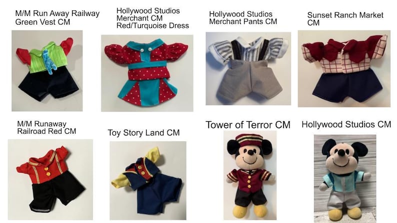 May include: A collection of miniature doll outfits and plush toys. The outfits include a green vest with black shorts, a red and turquoise dress, gray pants with suspenders, and a red and white plaid top with navy shorts. Also shown are Mickey Mouse plush toys.