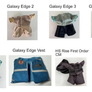 May include: Collection of miniature doll outfits, each with a unique design. The outfits include jackets, shorts, and vests in various colors like brown, blue, and gray. Each outfit is labeled with text such as "Galaxy Edge" and "HS Rise First Order CM".