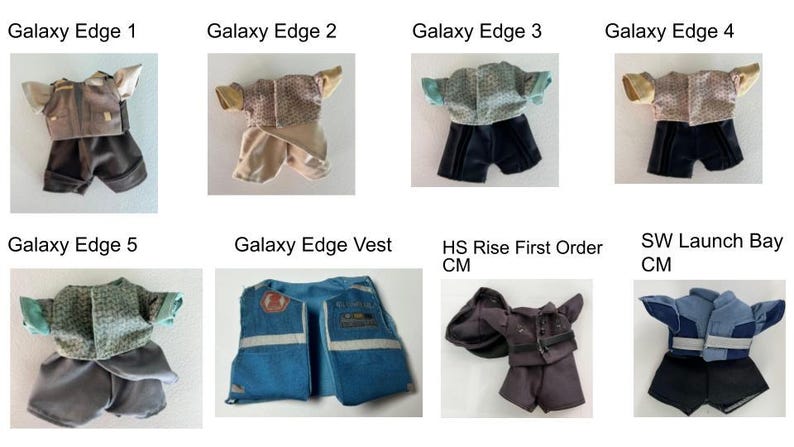 May include: Collection of miniature doll outfits, each with a unique design. The outfits include jackets, shorts, and vests in various colors like brown, blue, and gray. Each outfit is labeled with text such as "Galaxy Edge" and "HS Rise First Order CM".