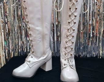 Silver Knee High Eyelet Platform Fancy Dress 60's 70's Retro Fashion Go Go Boots 
