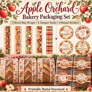 Könnte beinhalten: Ein Apple Orchard Bäckerei-Verpackungsset mit 5 Brotbeutel-Banderolen, 5 Verschluss-Siegeln und 4 runden Aufklebern. Das Design zeigt rote und grüne Äpfel, Herbstblätter und Karomuster. Der Text umfasst Apple Orchard, Autumn tastes better with apples, You're the apple of my pie und Baked with love orchard apples.
