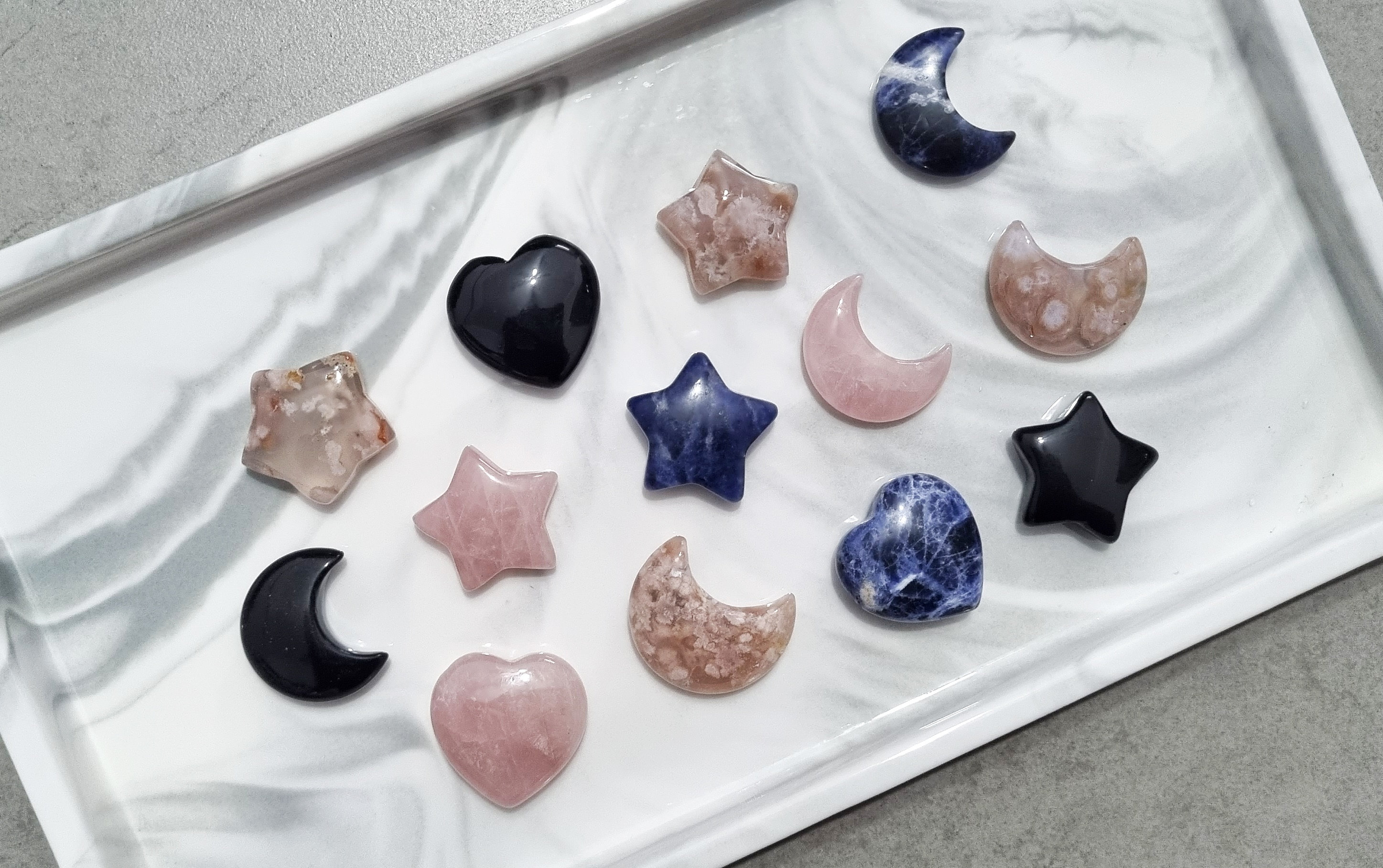 Crystal Heart, Star, Moon Carvings. Rose Quartz, Black Obsidian, Sodalite, Flower Agate