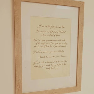 Benutzerdefinierte Kalligraphie | Handgeschriebenes Stück | persönliches geschriebenes Gedicht / Lyrik / Gelübde oder Lesungen | Moderne Kalligraphie | Hochzeitsspruch | A4