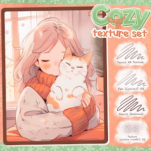 May include: A digital illustration of a girl with pink hair holding a cat. The image is surrounded by a brown frame with a green border. The text "cozy texture set" is at the top of the frame. Below the image are four different textures labeled "Pencil HB Texture", "Pen (Canvas) #2", "Pencil (Outline)", and "Texture (cookie crumbs) #2".