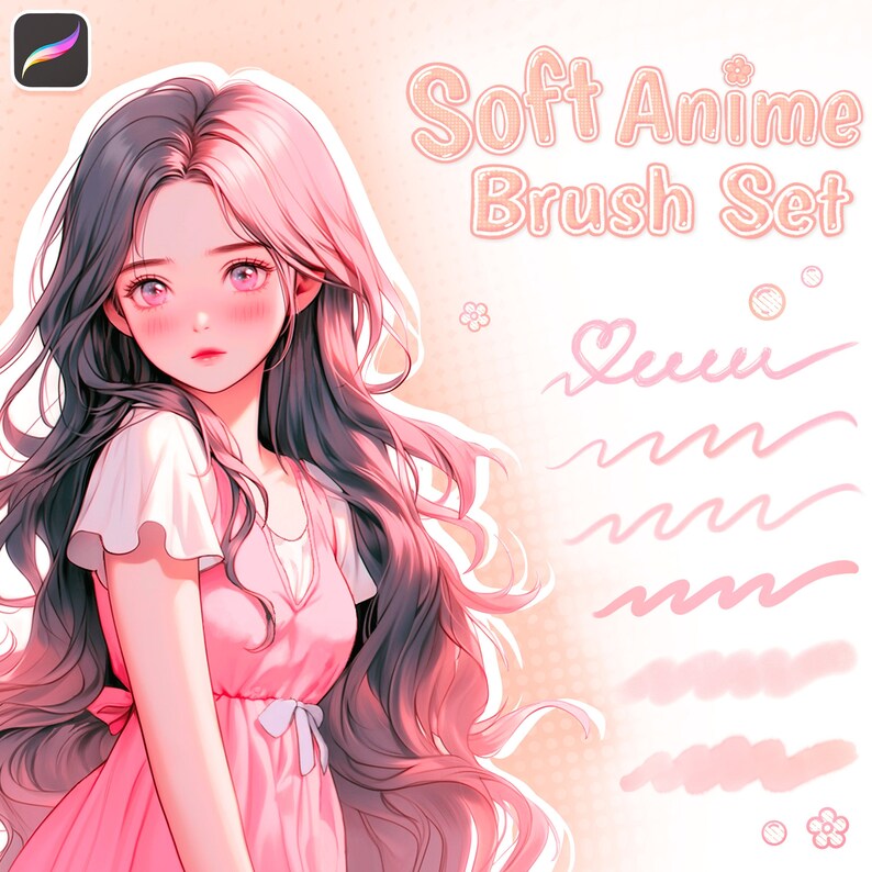 K&ouml;nnte beinhalten: Eine digitale Illustration einer jungen Frau mit rosa und schwarzen Haaren, die ein rosa Kleid tr&auml;gt. Das Bild ist eine Werbegrafik f&uuml;r einen Satz weicher Anime-Pinsel. Der Text "Soft Anime Brush Set" wird in einer rosa und wei&szlig;en Schrift angezeigt.