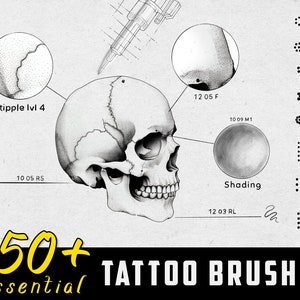 May include: A set of 50+ tattoo brushes for digital art. The image shows a skull, a stipple brush, a shading brush, and a variety of brush tips.
