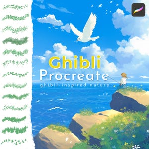 Könnte beinhalten: Digitale Kunstillustration mit dem Text "Ghibli Procreate" und "ghibli-inspired nature". Das Bild zeigt eine Taube, eine Person beim Angeln und verschiedene grüne Pinselstriche. Der Hintergrund ist ein blauer Himmel und ein Ozean.