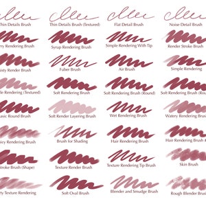 K&ouml;nnte beinhalten: Auf wei&szlig;em Hintergrund werden 24 Beispiele f&uuml;r digitale Pinsel gezeigt, jeweils mit einem Namen und einem bordeauxfarbenen Strich. Zu den Pinseltypen geh&ouml;ren "Thin Details", "Flat Detail" und "Skin Brush".
