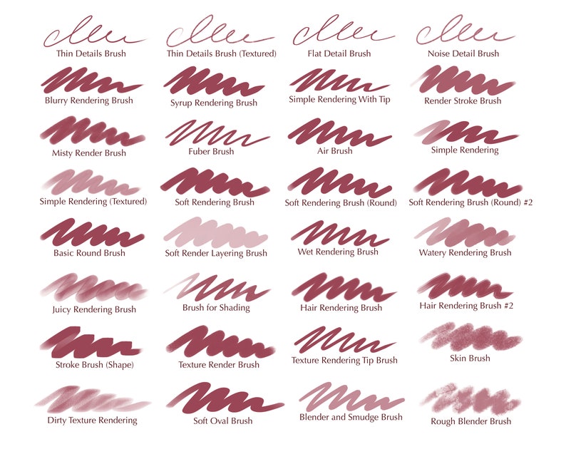 K&ouml;nnte beinhalten: Auf wei&szlig;em Hintergrund werden 24 Beispiele f&uuml;r digitale Pinsel gezeigt, jeweils mit einem Namen und einem bordeauxfarbenen Strich. Zu den Pinseltypen geh&ouml;ren "Thin Details", "Flat Detail" und "Skin Brush".