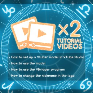 Może przedstawiać: Dwa pomarańczowe ikony wideo z przyciskiem odtwarzania i tekstem "x2 TUTORIAL VIDEOS" na niebieskim tle z wzorem koła zodiaku. Tekst pod ikonami brzmi: "Jak skonfigurować model Vtuber w VTube Studio", "Jak korzystać z modelu", "Jak korzystać z programu VBridger", "Jak zmienić pseudonim w logo".