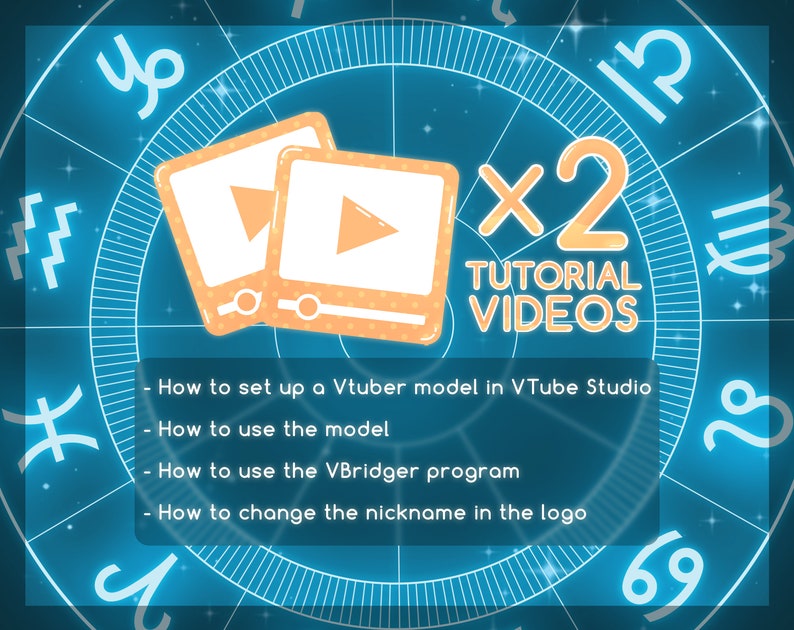 Może przedstawiać: Dwa pomarańczowe ikony wideo z przyciskiem odtwarzania i tekstem "x2 TUTORIAL VIDEOS" na niebieskim tle z wzorem koła zodiaku. Tekst pod ikonami brzmi: "Jak skonfigurować model Vtuber w VTube Studio", "Jak korzystać z modelu", "Jak korzystać z programu VBridger", "Jak zmienić pseudonim w logo".