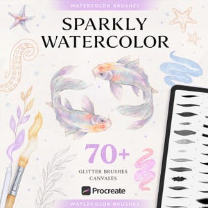 Può includere: Grafica di arte digitale con le parole "Sparkly Watercolor" sopra illustrazioni di carpe koi. L'immagine include un pennello, stelle marine e il logo Procreate, con il testo "70+ Glitter Brushes Canvases".