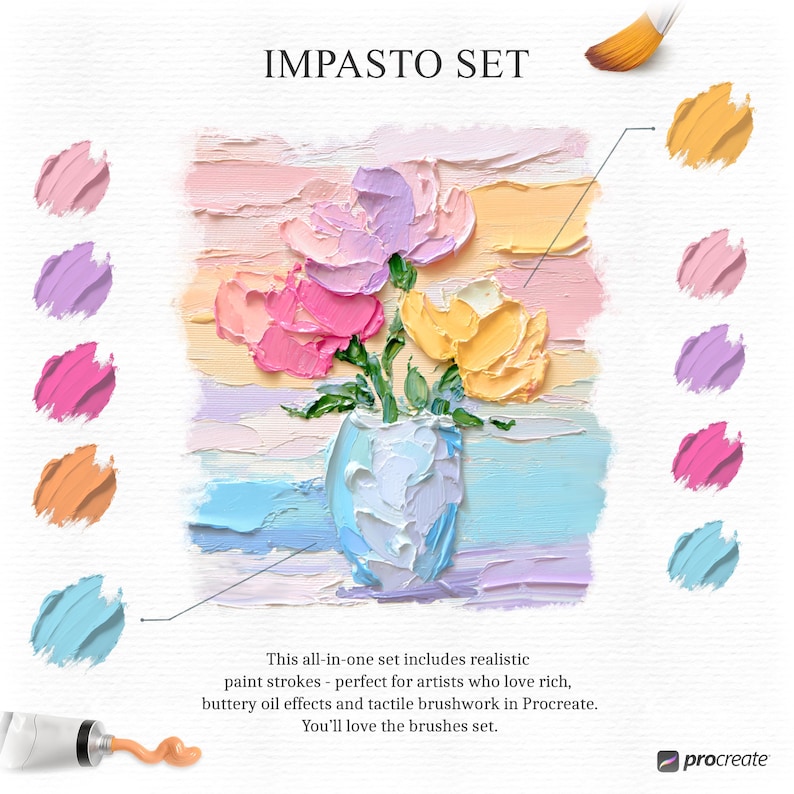 Realistiska oljepenselpenslar med impasto-effekt från Procreate – akryl-, textur-, färg- och stämpelset för Procreate bild 2