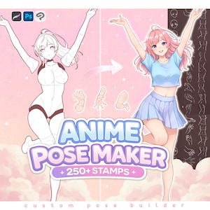 May include: An illustration promoting an "Anime Pose Maker" with two anime-style figures. One is a line drawing, the other is colored. The text reads "Anime Pose Maker" with "250+ Stamps". The background is pink with clouds.
